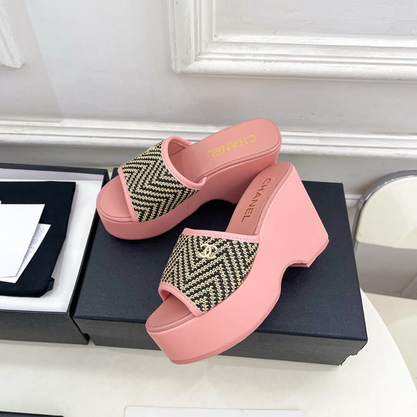 CC Double C Platform Wedge Mules 10cm Pink Tweed 891786