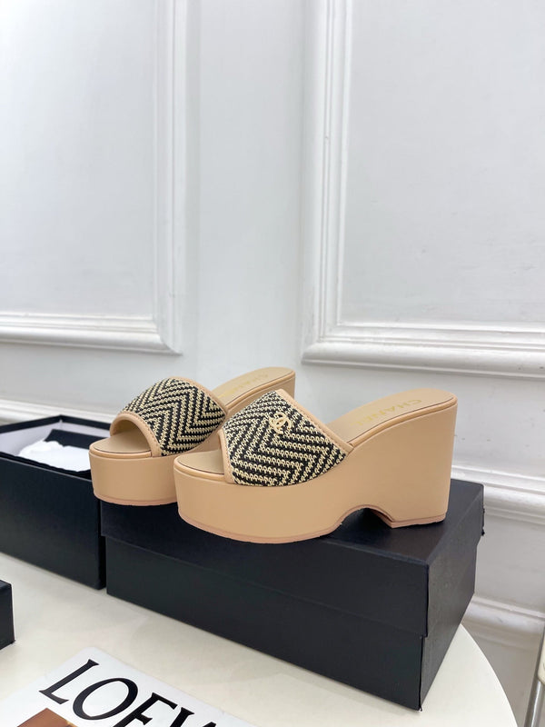 CC Double C Platform Wedge Mules 10cm Beige Tweed 891784
