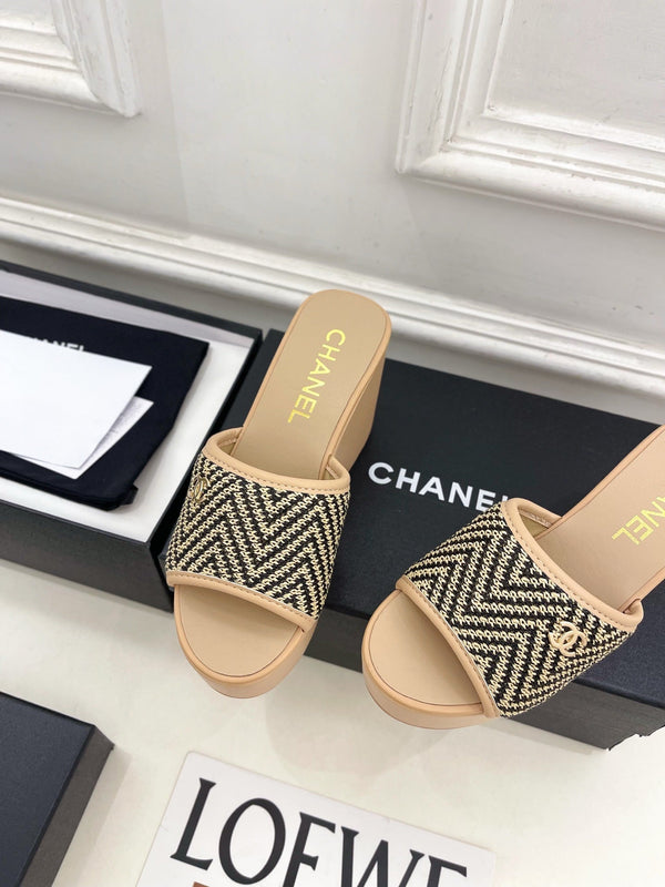 CC Double C Platform Wedge Mules 10cm Beige Tweed 891784
