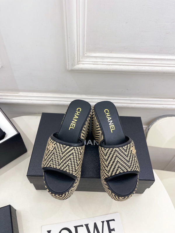 CC Double C Platform Wedge Mules 10cm Black Tweed 891783
