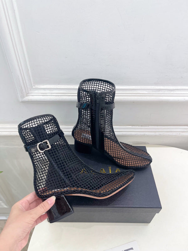 Alaia Boots 5.5cm Fishnet Ankle Boots Black Mesh Patent Leather 892042