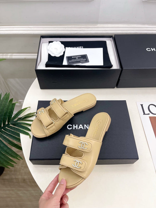 CC Crystal Double C Velcro Flat Mules Beige Lambskin 891667