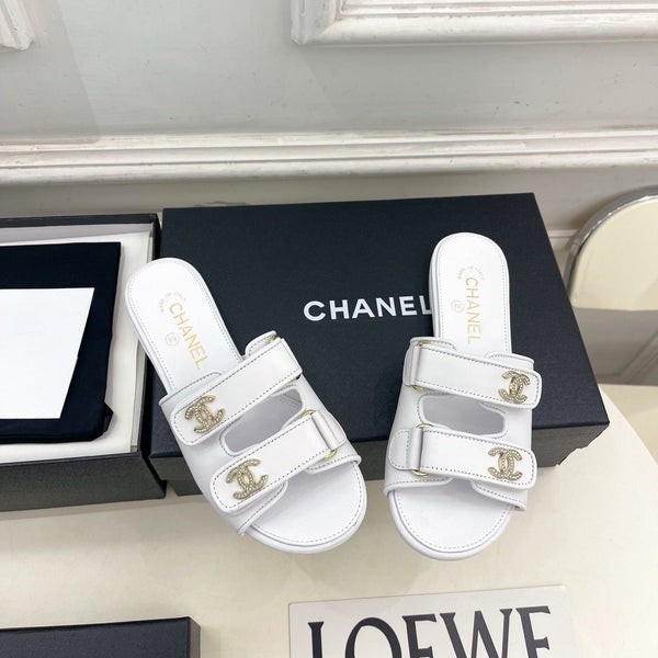 CC Crystal Double C Velcro Flat Mules White Lambskin 891663