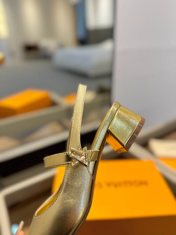 LV Romy Slingback Pumps Gold Metallic Leather 893593