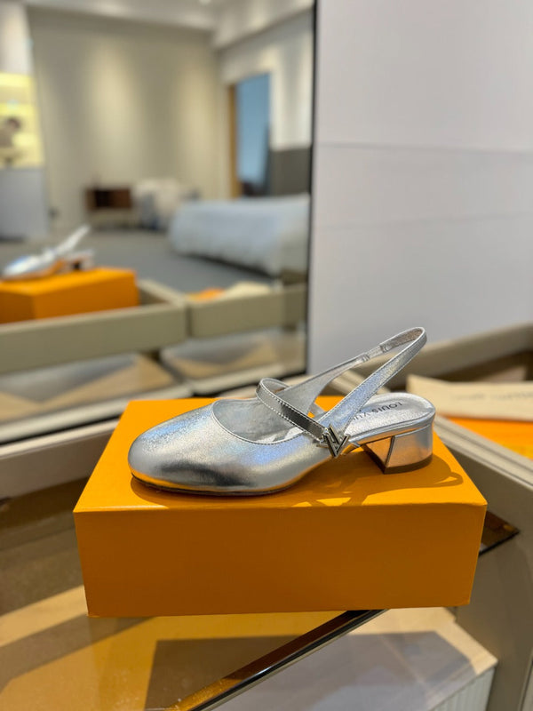 LV Romy Slingback Pumps Silver Metallic Leather 893592