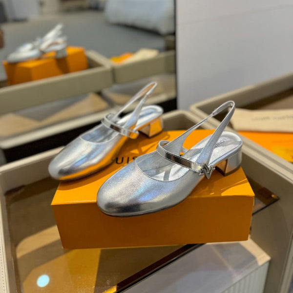 LV Romy Slingback Pumps Silver Metallic Leather 893592