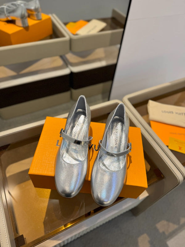 LV Romy Mary Jane Pumps Silver Metallic Leather 893579