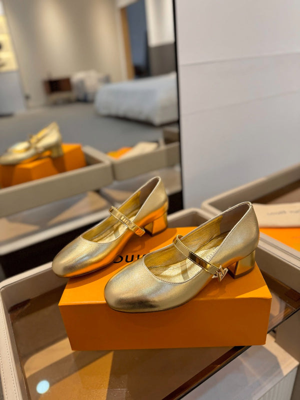 LV Romy Mary Jane Pumps Gold Metallic Leather 893580