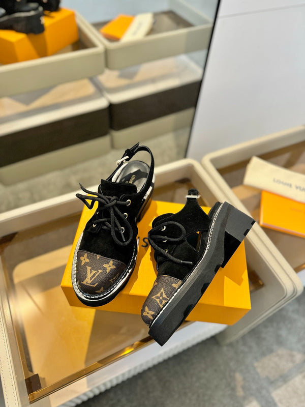 LV Platform Sandal Derbies Black Monogram Suede 893569