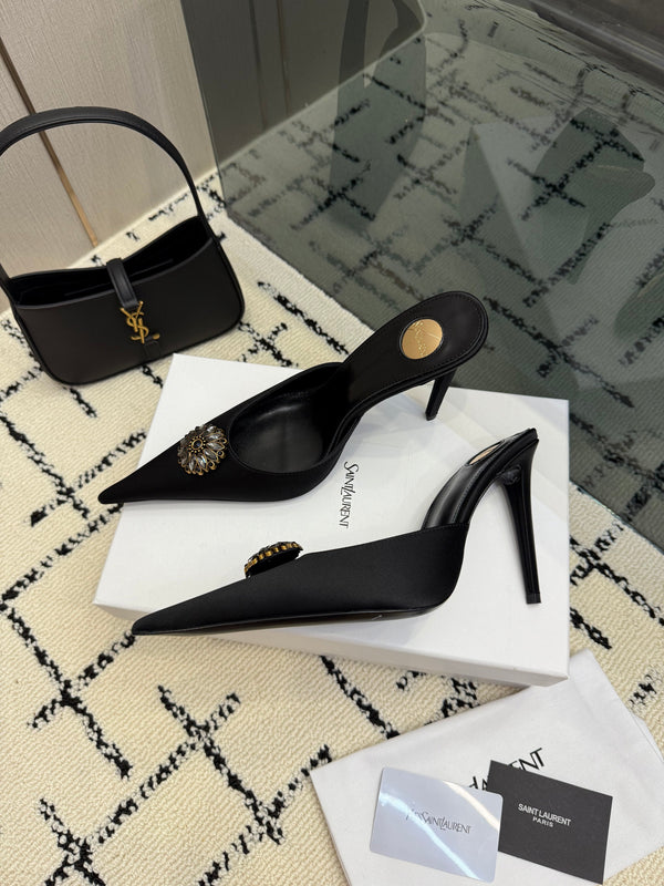 YSL Cosmo Crystal Mules 100mm Black Calfskin Leather 894619