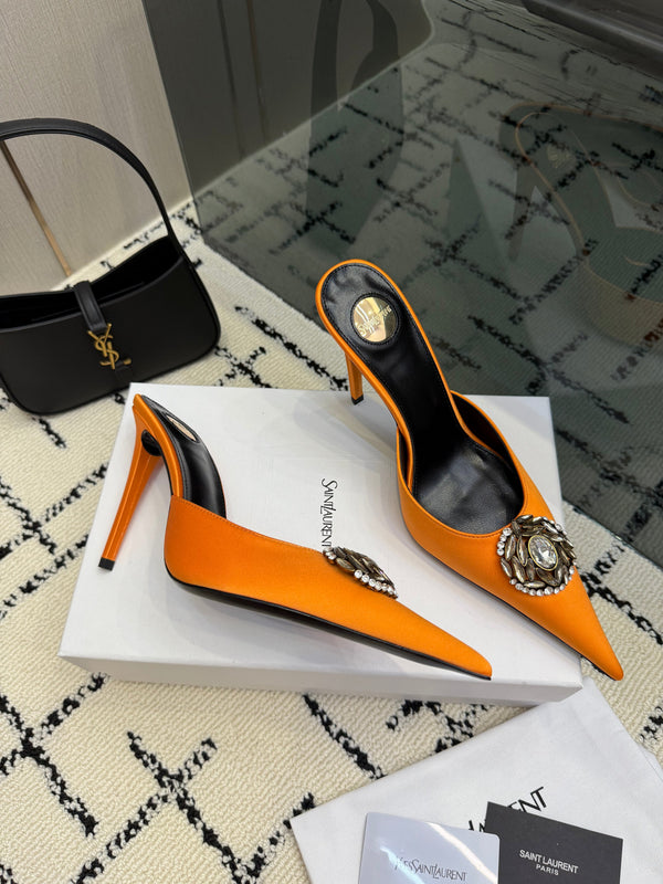 YSL Cosmo Crystal Mules 100mm Orange Calfskin Leather 894613