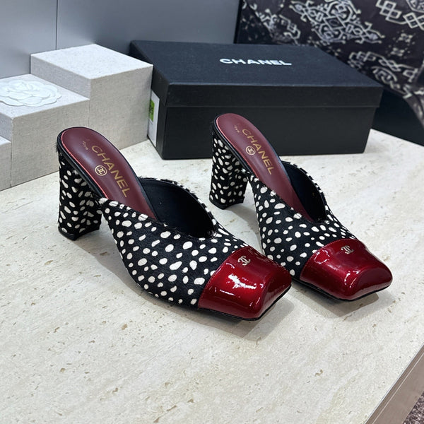 CC Cap Toe Mules 90mm Leopard Black Burgundy Pony Hair & Patent Leather 896858
