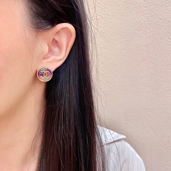 CC Round Stud Earrings Gold Multicolor Resin 659644
