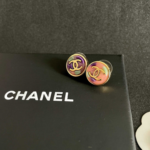 CC Round Stud Earrings Gold Multicolor Resin 659644