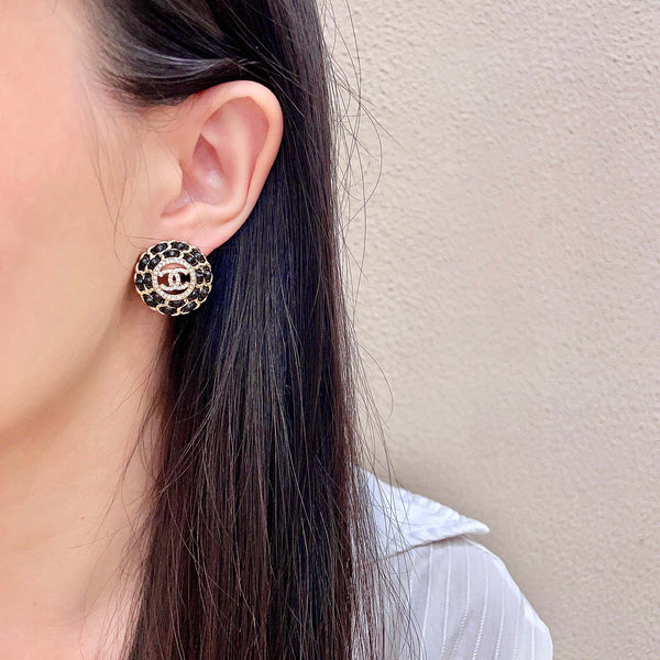 CC Stud Earrings Gold Black Crystal 659642