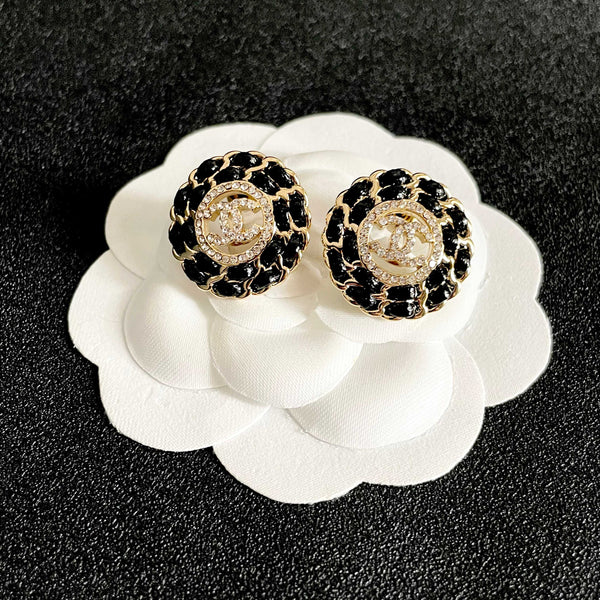 CC Stud Earrings Gold Black Crystal 659642