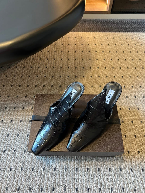 Alaia Croc-Embossed Pointed Toe Mules 10cm Black Cowhide