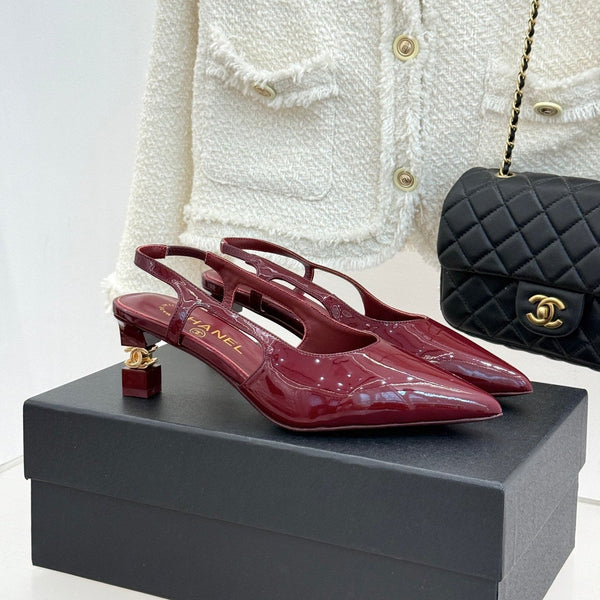 CC 26A Pointed Toe Slingback Pumps Burgundy Patent Cowhide 904667