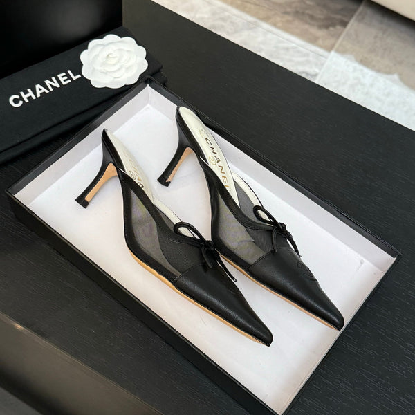 CC Bow Pointed Toe Mules Black Mesh & Leather 912941