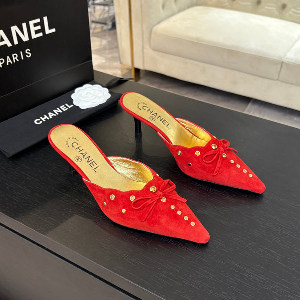 CC Grommet Bow Mules 6.5cm Red Suede Leather 912924