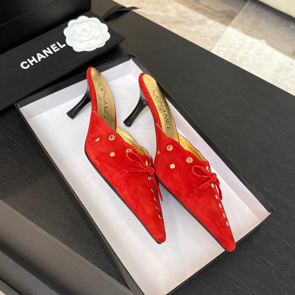 CC Grommet Bow Mules 6.5cm Red Suede Leather 912924