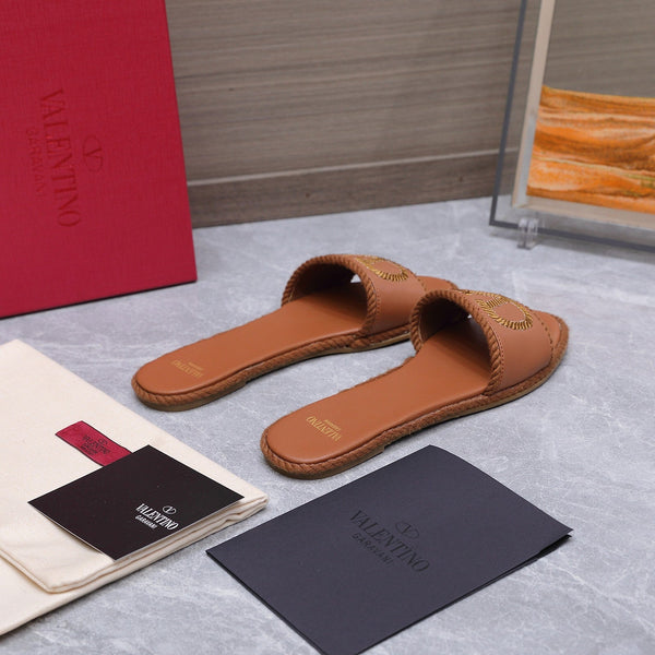 VLTN VLogo Torchon Flat Slides Brown Leather 913085
