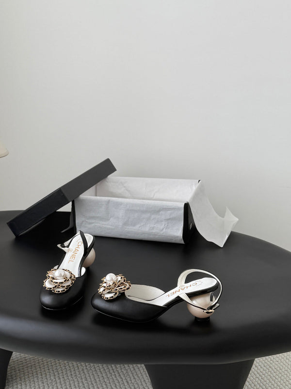 CC Pearl Heel Camellia Slingback Sandals Black Leather 915120
