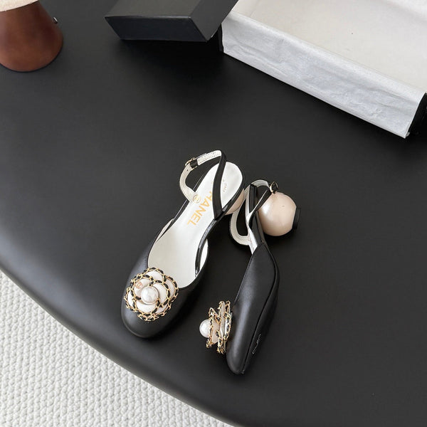 CC Pearl Heel Camellia Slingback Sandals Black Leather 915120