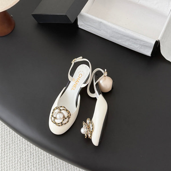 CC Pearl Heel Camellia Slingback Sandals White Leather 915119