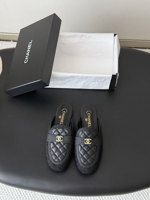 CC Quilted Logo Strap Mules Black Tweed & Leather 914191