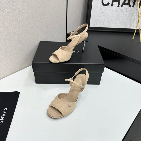 CC Slingback Heel Sandals Beige Suede Leather 925653