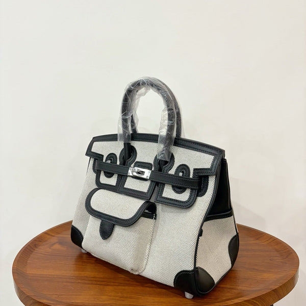 HM Birkin Cargo 25CM Handbag Ivory Black Swift Canvas