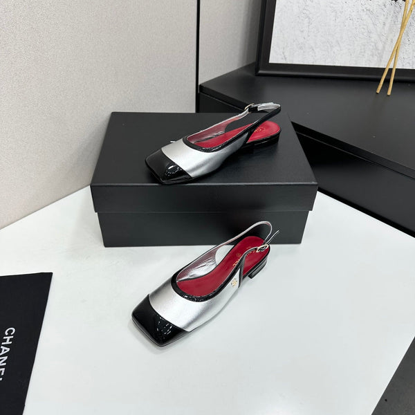 CC Slingback Flats Silver Black Patent Leather 944623