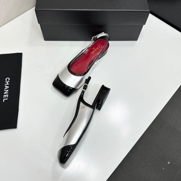CC Slingback Flats Silver Black Patent Leather 944623