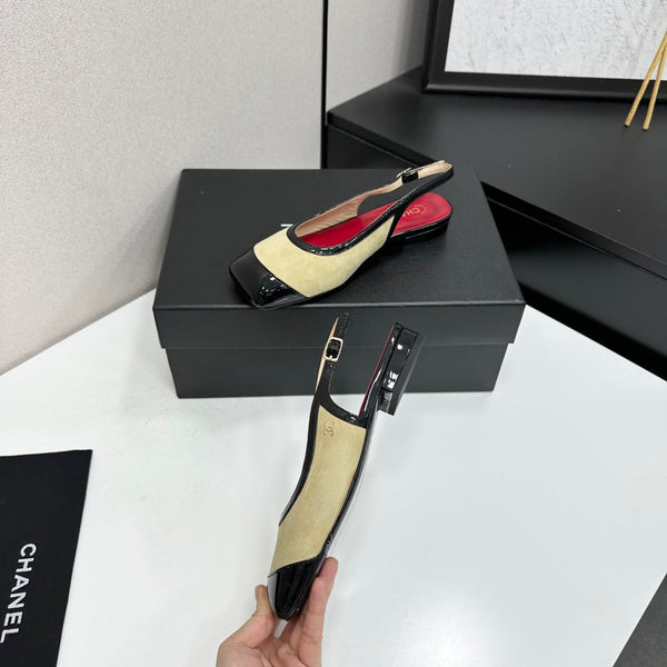 CC Slingback Flats Beige Black Suede Leather 944622