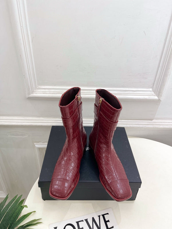 CC Double C Ankle Boots 3.5CM Burgundy Croc-Embossed Leather 946903