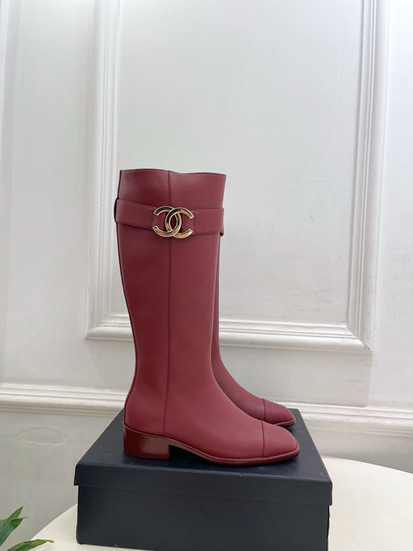 CC Double C Knee-High Boots 3.5CM Burgundy Leather 946893