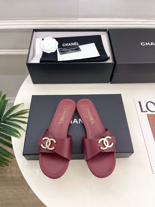 CC 26ss Pre-Collection Double C Slide Sandals Burgundy Leather 946871