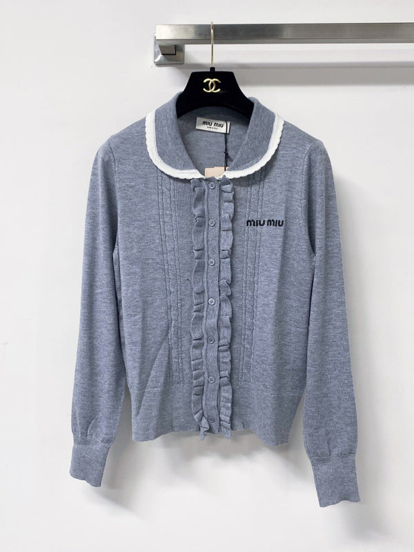 Miu Embroidered Logo Cardigan Ruffled Collar Tencel 799805