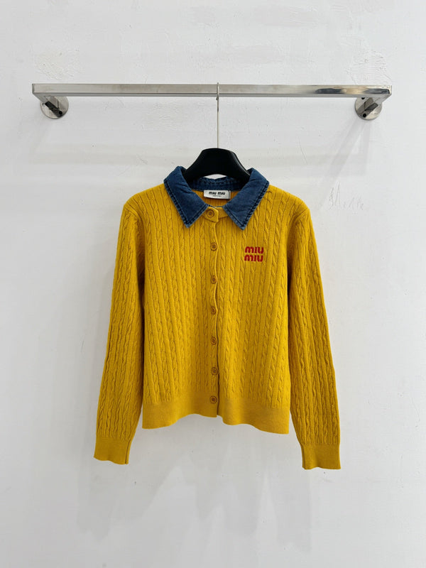 Miu Cable-Knit Cardigan Denim Collar White Wool 794380