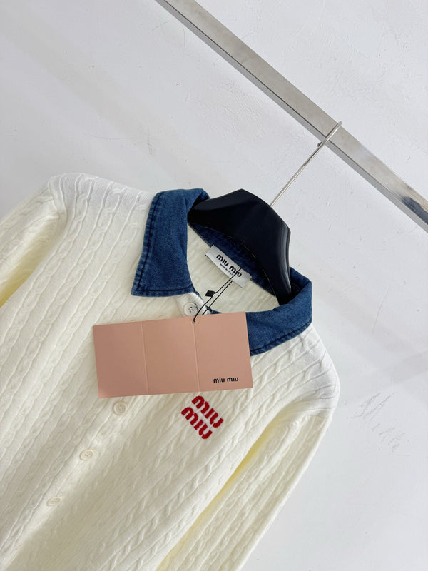 Miu Cable-Knit Cardigan Denim Collar White Wool 794380