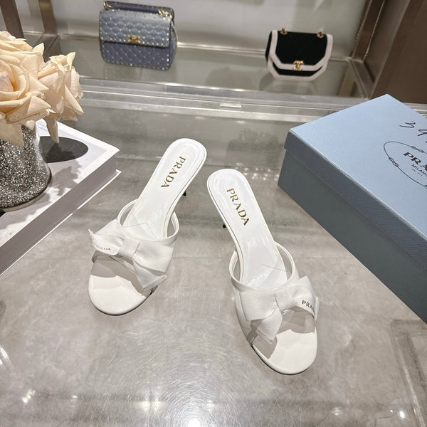 Prad Bow-Detail Kitten Heel Mules 7.5CM White Leather 951940