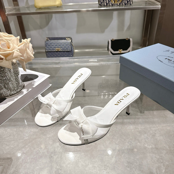 Prad Bow-Detail Kitten Heel Mules 7.5CM White Leather 951940