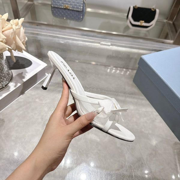 Prad Bow-Detail Kitten Heel Mules 7.5CM White Leather 951940