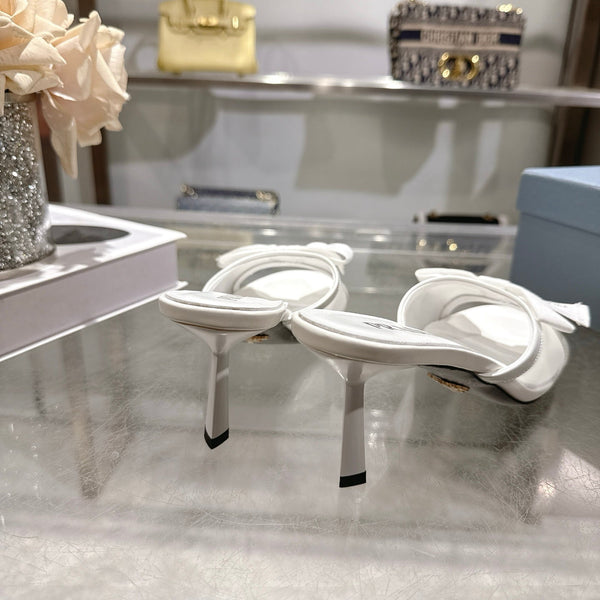 Prad Bow-Detail Kitten Heel Mules 7.5CM White Leather 951940