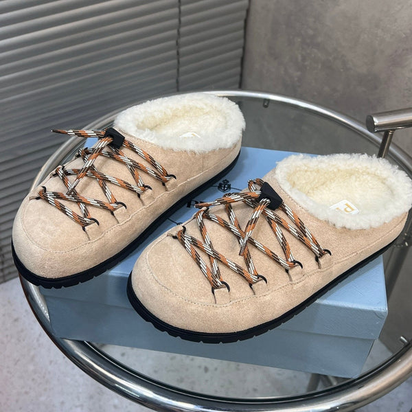 Prad 26s Mules Lace-up Cream Suede Shearing 952899