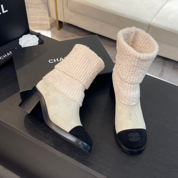 CC Sock Ankle Boots Block Heel 6cm Cream Black Suede Knit 958124
