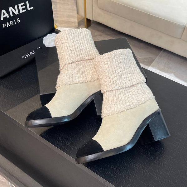 CC Sock Ankle Boots Block Heel 6cm Cream Black Suede Knit 958124