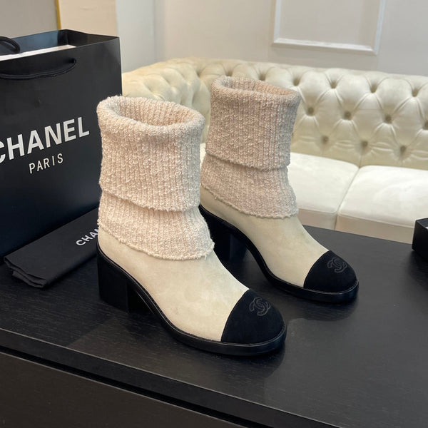 CC Sock Ankle Boots Block Heel 6cm Cream Black Suede Knit 958124