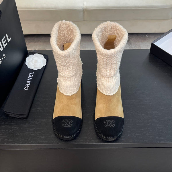 CC Sock Ankle Boots Block Heel 6cm Beige Black Suede Knit 958123